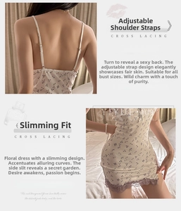 Détail d'une mini robe florale avec bretelles réglables et dentelle violette