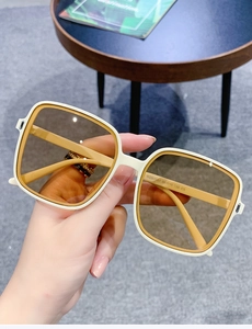 Detail showing two-tone square sunglasses frame with gradient lenses and model specs