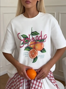 Βαμβακερό T-Shirt Κοντομάνικο Στρογγυλή Λαιμόκοψη Καλοκαιρινό Casual Χαλαρό Σχέδιο Πορτοκάλι Λευκό Μαλακό Αναπνεύσιμο Top Γυναικών