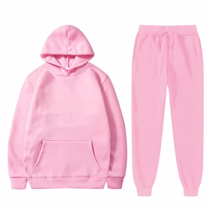 Pink minimalist hoodie and joggers tracksuit set in high-quality knitted fabric