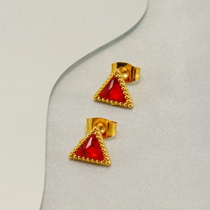 Golden triangle stud earrings with red zircon center and decorative beaded edges