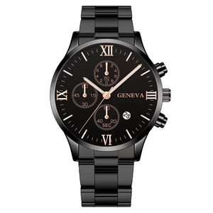 Close-up of black steel chronograph watch with rose gold Roman numerals and date window