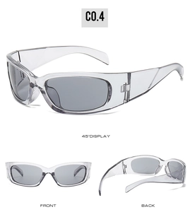 Three-way view of transparent gray Y2K sports sunglasses showing front and side angles