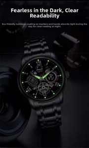Macro view of luminous hands and skeleton dial of a black stainless steel watch