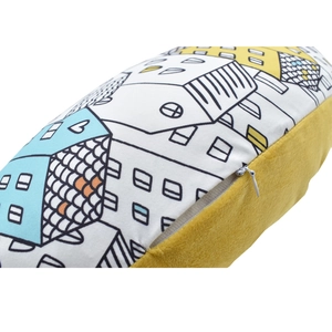 Detail of hidden white zipper on cartoon house pattern and yellow plush nursing pillow cover