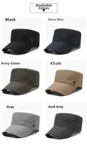 Detail showing various colors of breathable quick-dry military caps with metal logo