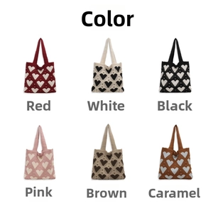 Grid view of knitted heart tote bags in red, white, black, pink, brown, and caramel