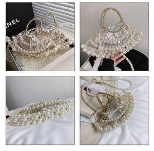 Detail view of pearl cage evening bag with shell-shaped gold frame and silver lining