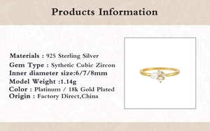 Detailed specifications card for S925 sterling silver cz ring with weight and sizing details