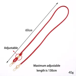 Adjustable red denim texture crossbody phone lanyard with gold metal buckle, 60-130cm length