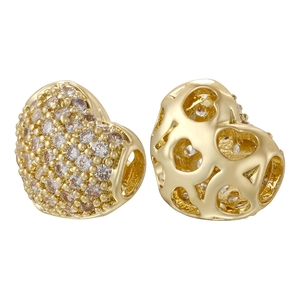 Golden heart-shaped beads with micro-paved cubic zirconia and hollow heart pattern
