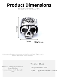 Detailed view of skull ring dimensions and specifications in vintage silver finish