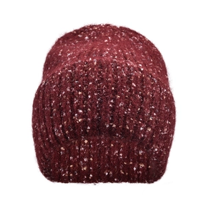 Close-up of thick deep red knit beanie with colorful flecks and warm texture