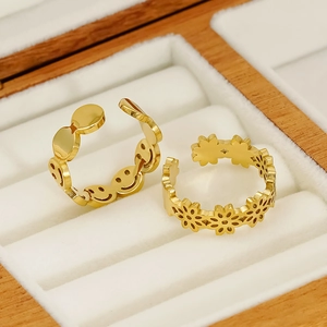 Détails de bagues ajustables en acier inoxydable doré avec motifs de smiley et fleurs
