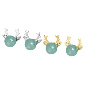 Elegant S925 silver deer antler stud earrings with green aventurine and zircon stones