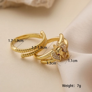 Detailed view of gold plated elephant ring set with sparkling zircons and dimensions
