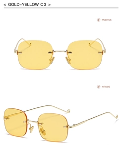 Front and 45-degree angle shots of gold-yellow rimless square fashion sunglasses