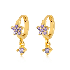 Detailed view of gold hoop earrings with purple zircon flower and round drop charms
