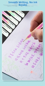 Close-up of a transparent rainbow gel pen writing smooth purple gradient ink on paper