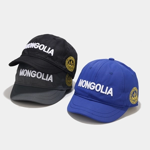 Outdoor short brim baseball caps in black, grey and blue with white Mongolia embroidery