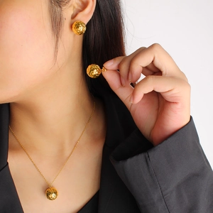 18K gold plated titanium steel jewelry set with textured sphere necklace and earrings
