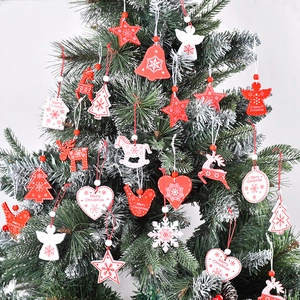 Christmas Wooden Hanging Ornaments DIY Tree Decoration Star Reindeer Bell Angel Heart Wood Red White Holiday Decor