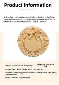 Detailed size specifications of the champagne imitation silk sleep cap with adjustable straps