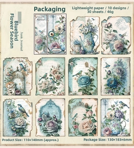 Detail view of 10 vintage botanical paper designs featuring bluebirds and flowers