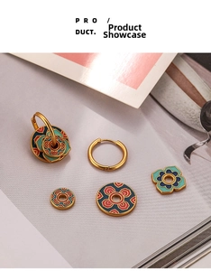 Macro detail of Chinese enamel earring set with interchangeable floral charms and gold hoops