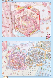 Detailed view of cute cartoon dessert shop stickers for DIY journals and scrapbooking