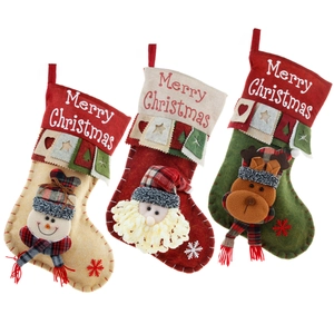 Three Christmas stockings featuring 3D Santa, Snowman, and Reindeer with Merry Christmas embroidery