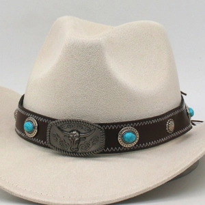 Detail of western hat featuring a brown leather band with turquoise and silver bull buckle