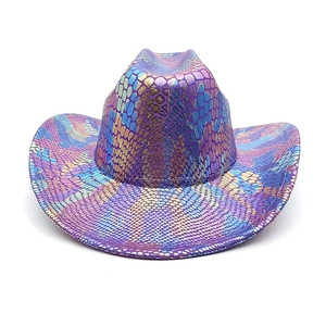 Macro shot of iridescent purple snakeskin texture on a metallic western cowboy hat