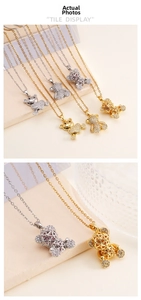 Detailed view of teddy bear pendants with sparkling zircon pavé and hollow grid designs