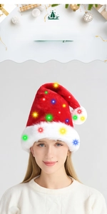 Detail of LED plush Christmas hat with colorful glowing lights and soft festive fabric