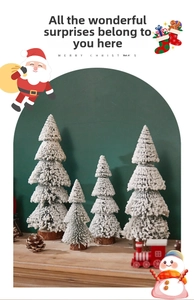 Detailed view of four mini snowy Christmas trees on rustic wood bases for festive decor