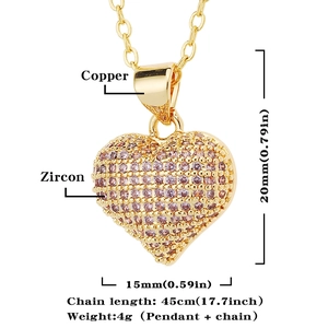 Detailed view of copper heart pendant with pink zircon and 45cm chain specifications