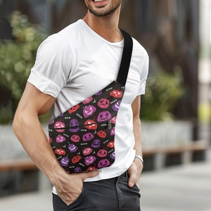 Men's crossbody chest bag with Halloween pumpkin pattern and adjustable black strap