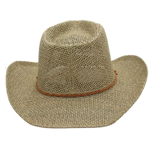 Detail of hand-woven straw cowboy hat featuring wide brim and decorative brown cord