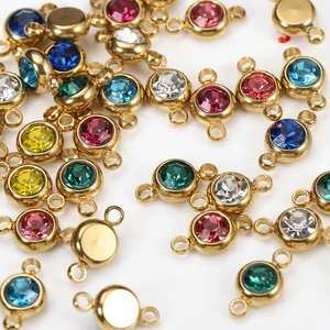 Stainless Steel Crystal Rhinestone Round Double Hole Connector Charms For DIY Jewelry Making Gold Plated Birthstone