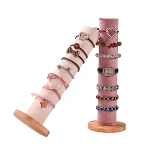 Présentoir À Bijoux Cylindrique Vertical Base En Bois Pour Chouchous Bracelets Surface En Velours Rack De Rangement