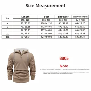 Size guide for men's hooded sweatshirt with detailed measurements from size S to XXL