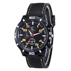 Fashionable men's black quartz sports watch with silicone strap and yellow stitching