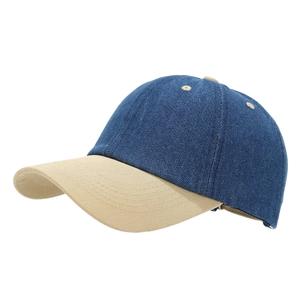 Fashionable denim patchwork baseball cap in navy and khaki with curved brim