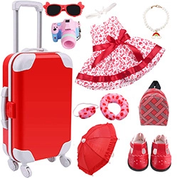 Accessoires pour poupée 18 pouces avec robe rouge à cœurs, valise et parapluie rouge