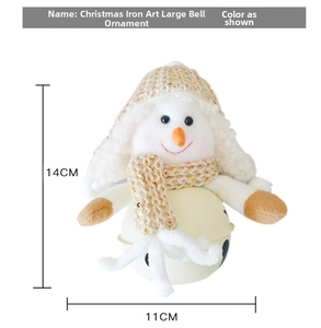 Close-up of plush snowman Christmas bell ornament with iron finish and knitted scarf