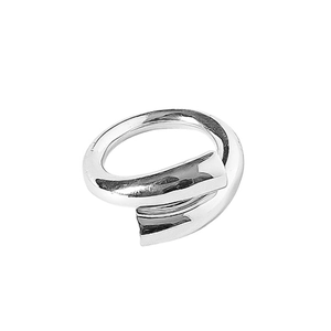 Minimalist silver winding ring with smooth geometric lines and polished sculptural finish
