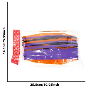 Packaged Halloween tinsel curtain in purple black orange colors with size dimensions