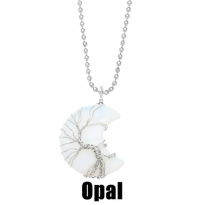 Opal crescent moon necklace with silver wire-wrapped tree of life pendant on bead chain