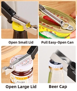 Detail of 4-in-1 stainless steel bottle opener for jars, cans, and bottle caps
